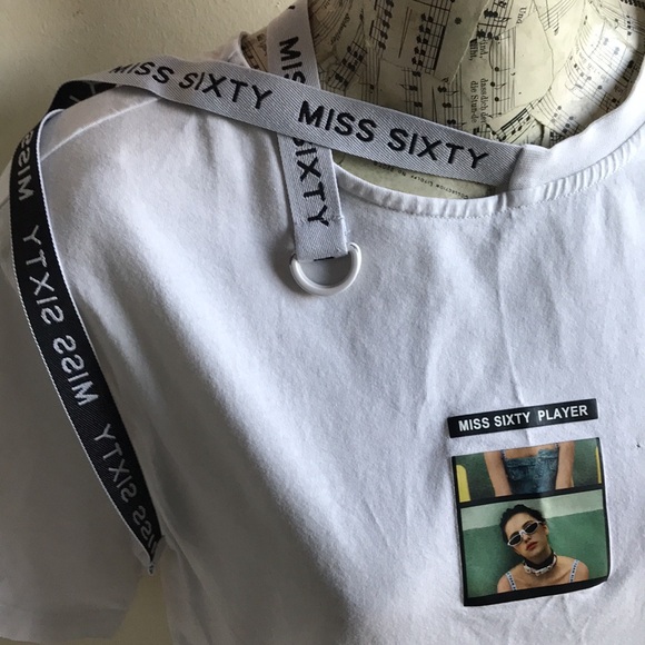 Miss Sixty sz Medium graphic tee photo girl adjustable Neck strap print on back - Picture 6 of 16